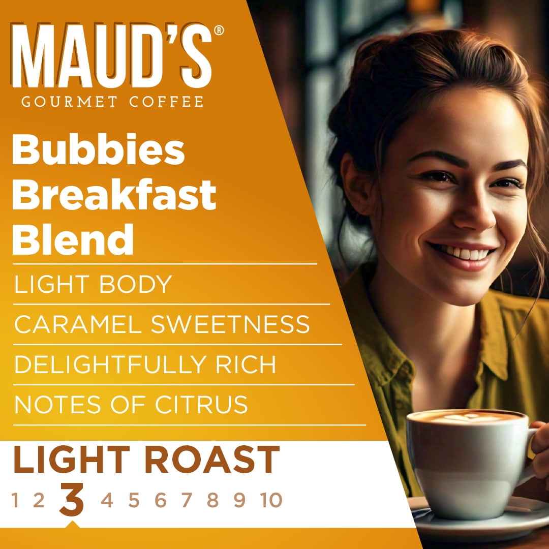 Maud's Breakfast Blend Coffee Pods, Bubbies Breakfast Blend, Compatible w/ K-Cup Brewers, 100ct