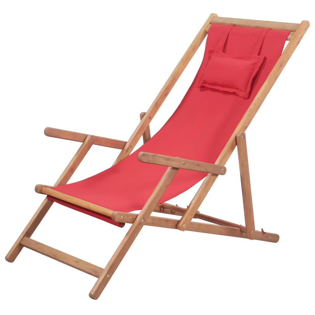 Canddidliike Wooden Folding Reclining Lounge Chair w/Pillow for Outdoor Beach, Porch, Poolside - Fabric in Red