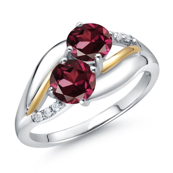 Gem Stone King 925 Sterling Silver and 10K Yellow Gold Red Rhodolite Garnet and White Lab Grown Diamond 2 Stone Engagement Ring for Women (1.24 Cttw, Round 5MM, January Birthstone, Size 9)
