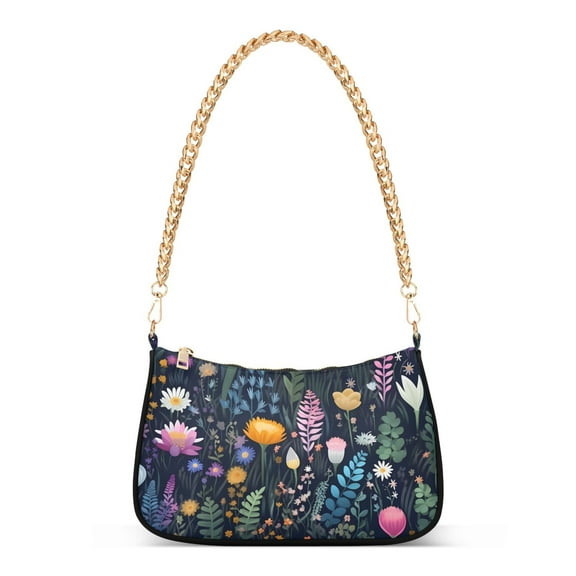 Womens Chain Shoulder Bag Flowers Floral Classic Tote Handbags Fashion Clutch Hobo Purse with Zipper for Travel Casual