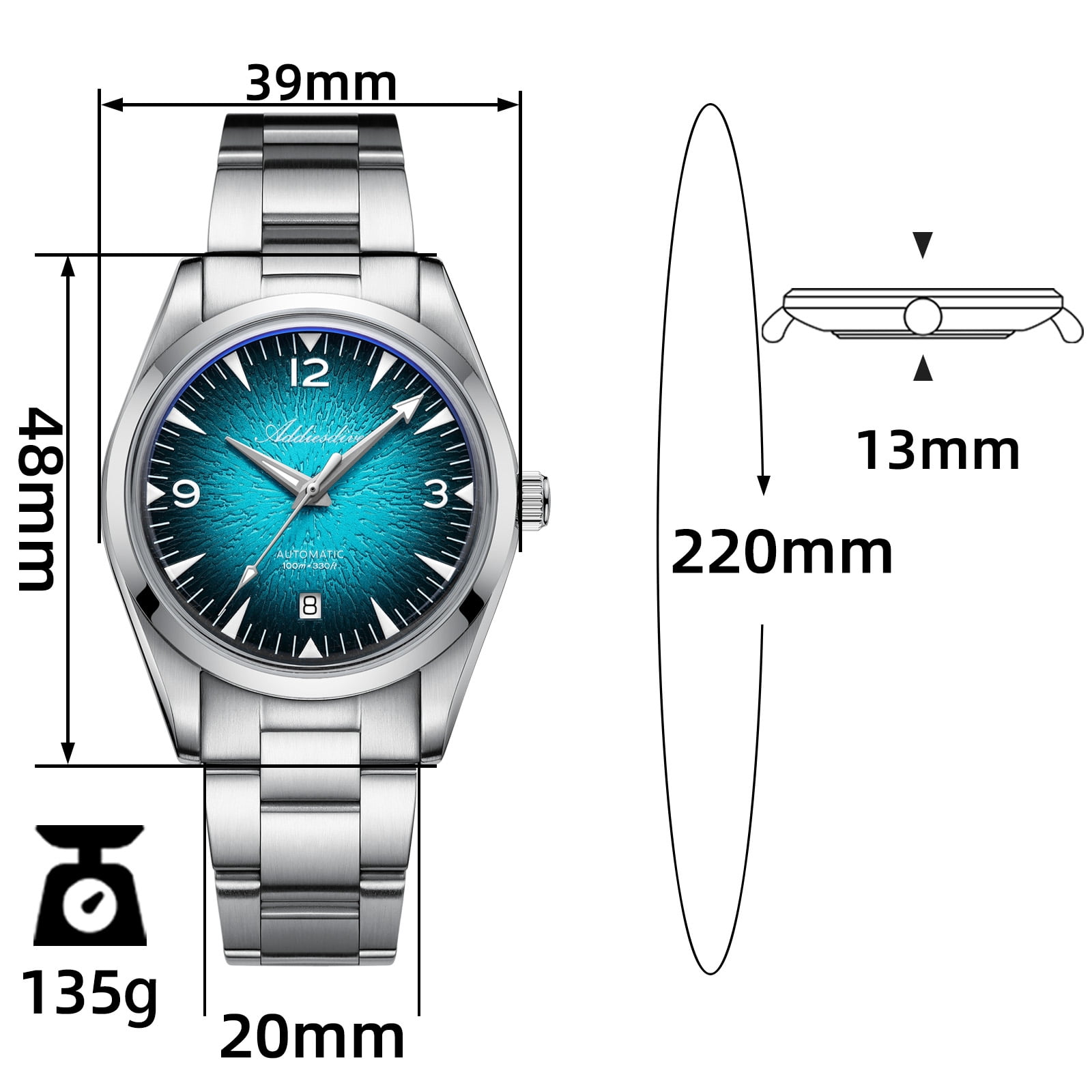ADDIESDIVE Men's Automatic Dive Watch 100m Waterproof, Japanese 8215 Movement, Luminous, Stainless Steel Bracelet, Luxury Analog Watch for Men