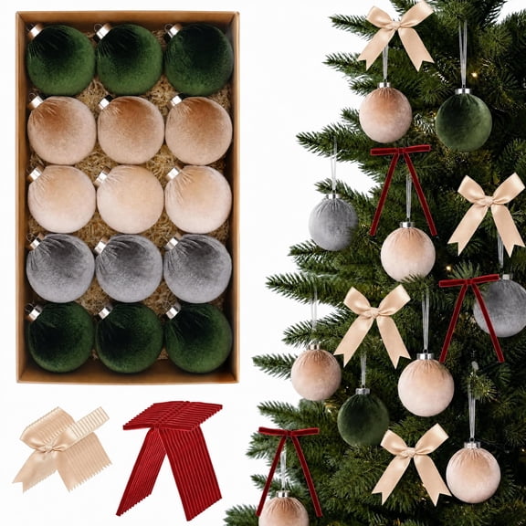 HiberyHom 15 Pcs Velvet Christmas Balls with 24 Pcs Christmas Tree Bows, 3.15 Inch Earth Tone Decorative Hanging Ornaments for Tree, Shatterproof Xmas Decor for Holiday (Multicolor)