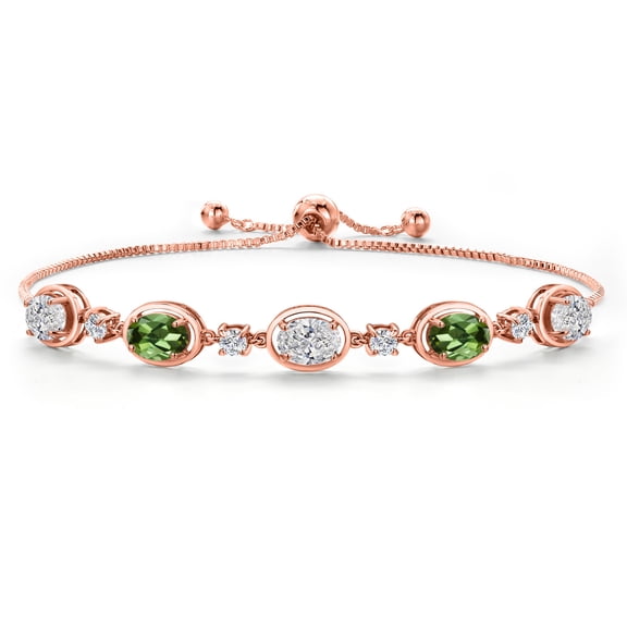 Gem Stone King 18K Rose Gold Plated Silver White Lab Grown Diamond and Green Tourmaline Bracelet for Women | 3.50 Cttw | Gemstone April Birthstone | Oval 7X5MM | Fully Adjustable 9 inch