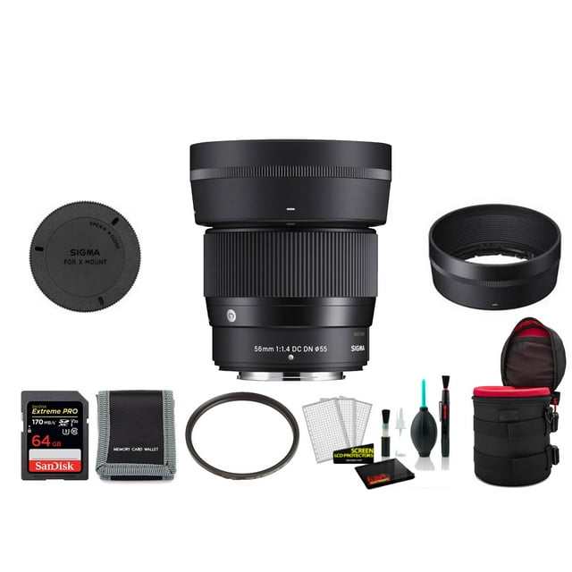 Sigma 56mm F1.4 Contemporary DC DN Lens for Fuji X Mount (351975)- Bundle with 64GB Memory Card and More