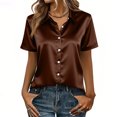 thumbnail image 2 of CIENVNSTG Womens Satin Silk Blouse Short Sleeve Lapel Collar Tops Lightweight Solid Color Button Down Shirts Work Business Dressy Outfits Brown XL, 2 of 7