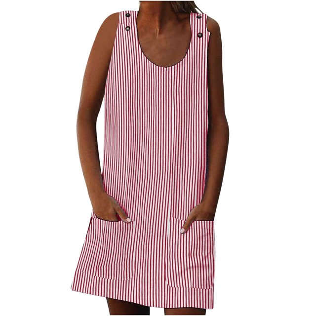 Penkiiy Robe Courte Sans Manches à Rayures Imprimées à Boutons avec Bretelles pour Femme, Poches, Mini Tunique, Robe Débardeur avec Double Poche 2TG Rouge