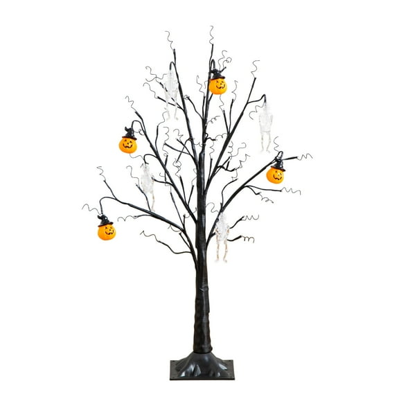 Nearly Natural 3ft. Pre-Lit Artificial Halloween Pumpkins and Skulls Ornament Tree with 48 Warm White LED Lights