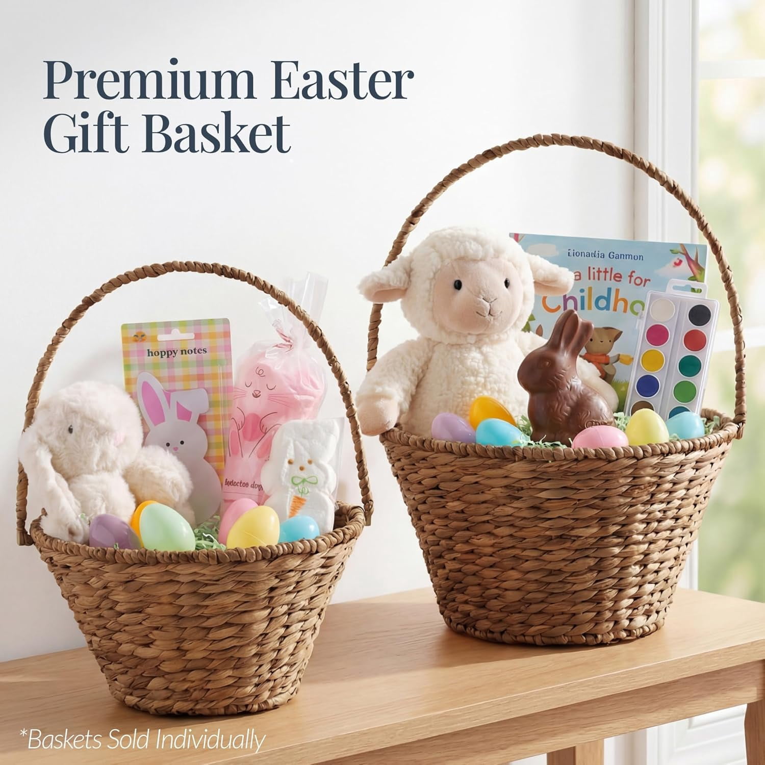 Themis Handwoven Easter Basket, Small Woven Easter Basket for Kids, Easter Egg Hunt Basket w/Collapsible Handle, Tapered Shape, Water Hyacinth - Chestnut
