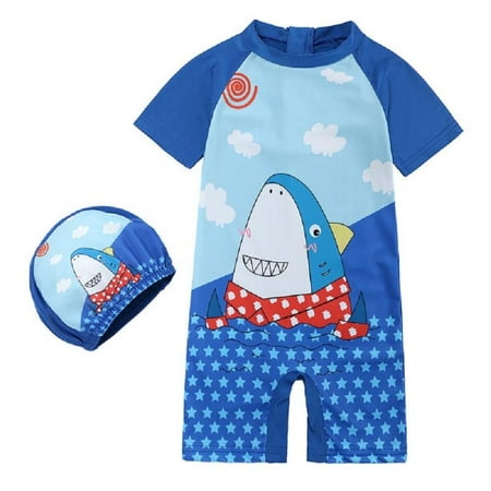 

Toddler One-Piece Cartoon Shark Dinosaur Rash Guard Swimsuit Sun Protection short Sleeve Swimwear with Hat