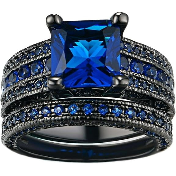 Divine_creation 2.00 Ct Princess Cut Blue Sapphire Womens Wedding Bridal Ring Set 14K Black Gold Plated 925 Sterling Silver -8.5