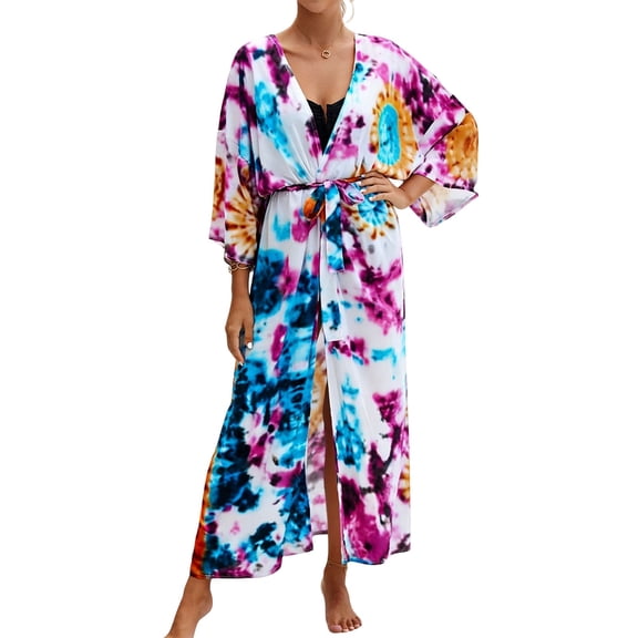 ZQUUVOU Women's Kimono Beach Cover Up Boho Printed Long Flowy Sheer Cardigan Lightweight Bathing Suit Wrap Scarf Loose Cardigans Multicolor