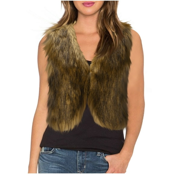 jtjvou Cropped Faux Fur Vest for Women Warm Winter Sleeveless Coat Open Front Fluffy Outerwear Waistcoat Jackets Yellow XL