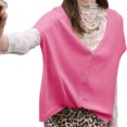 thumbnail image 2 of Short Sleeved Oversized Women Solid V-neck Casual Loose Knit Sweater Lightweight Button Tops, 2 of 6