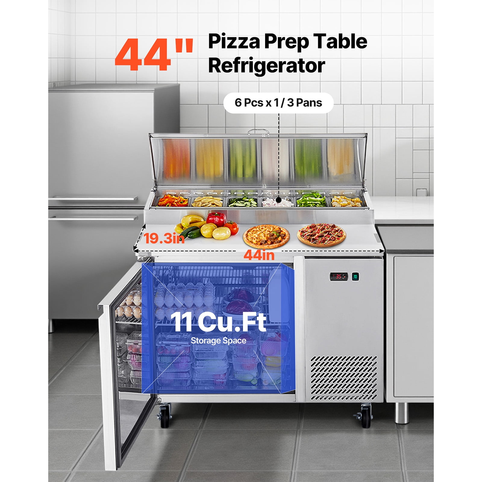 KFFKFF Commercial Refrigerator, 44" W Pizza Prep Table with Refrigeration, 20" Wide Countertop Food Prep Station, 11 Cu.Ft Single Door Salad Fridge, 6 Pans Worktop with Cutting Board