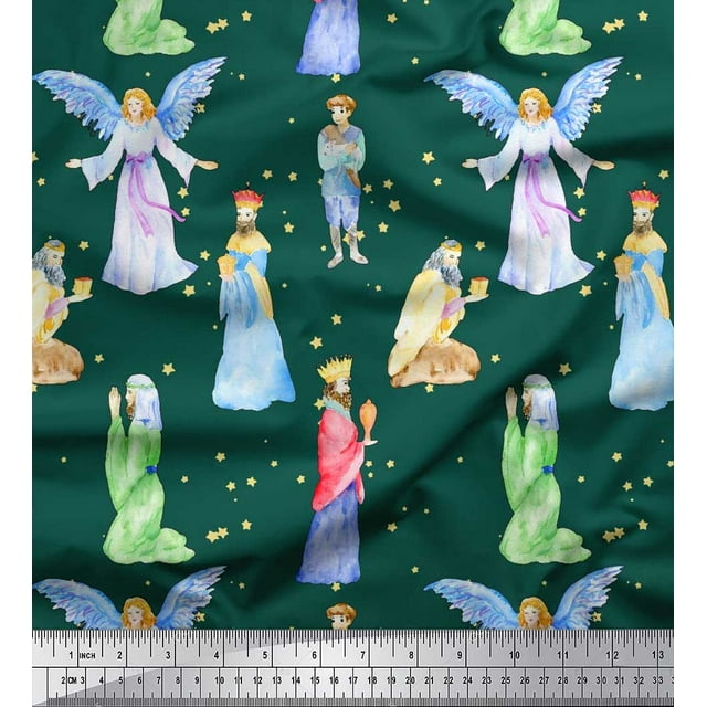 Soimoi Moss Georgette Fabric King & Angel Watercolor Decor Fabric Printed Yard 42 Inch Wide