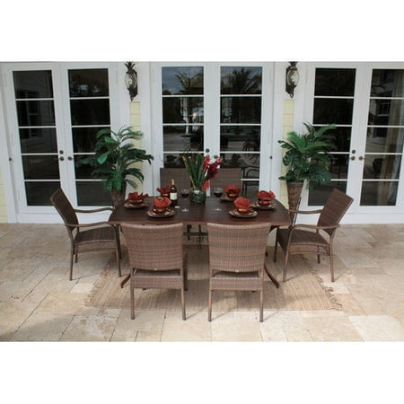 Hospitality Rattan Grenada 7 Piece Rectangle Slatted Table Patio Dining Set - Viro Fiber Antique Brown - Seats 6