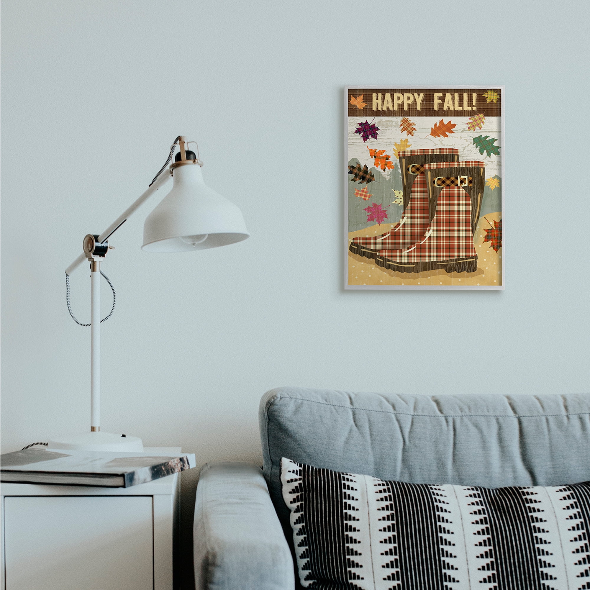 Stupell Industries Happy Fall Phrase Plaid Boots and Foliage Landscape Painting Gray Framed Art Print Wall Art, 16 x 20