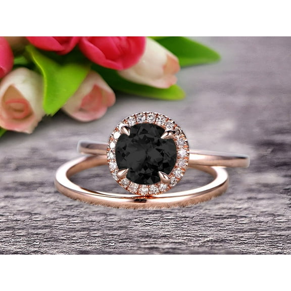 1.25 Carat Round Cut Black Diamond Moissanite Engagement Ring with Plain Matching Band On 10k Rose Gold