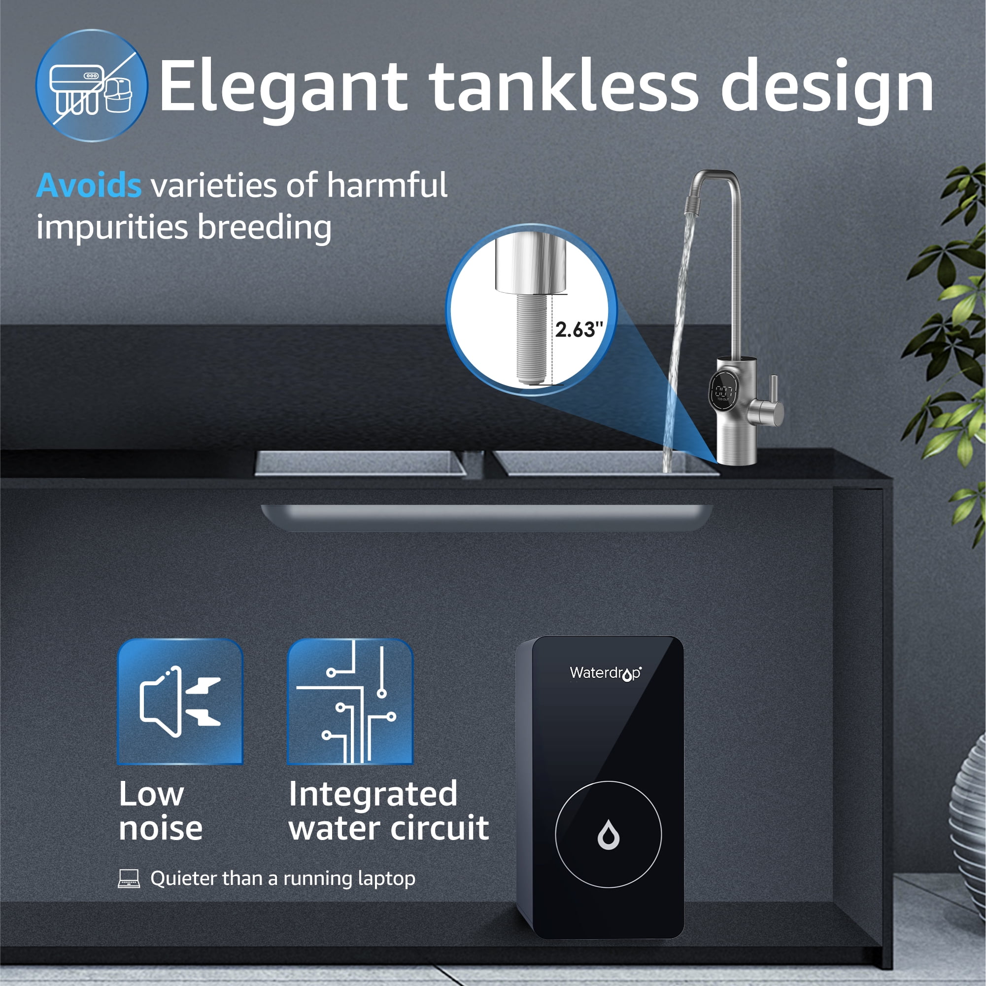 Waterdrop D6 RO Reverse Osmosis System, 600 GPD, Tankless, 1.5:1 Drain Ratio, Smart LED Faucet Water Filtration System