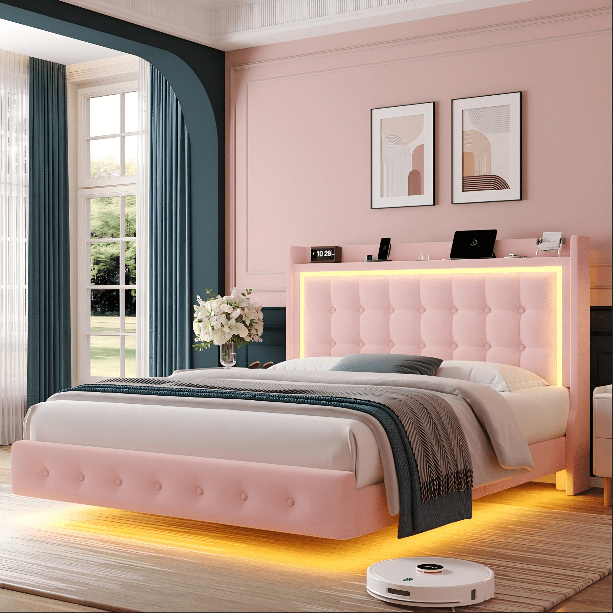 Homfa Full Size Floating Bed with RGB LED Lights Charging Station, Velvet Upholstered Platform Bed with Storage Headboard, Pink