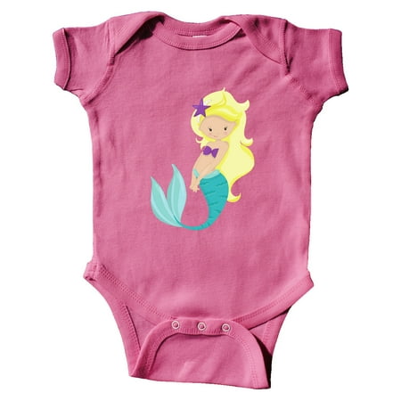 

Inktastic Cute Little Mermaid Blonde Hair Purple Sea Star Gift Baby Girl Bodysuit