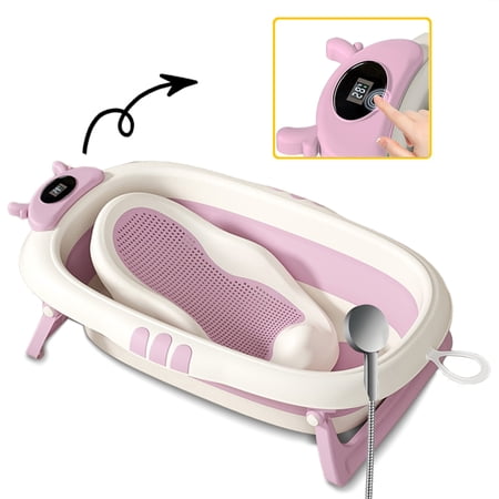 SolarSoda 39in Foldable Baby Bathtub with Thermometer, Portable Infant Bath Tub with Bath Support, 0-72 Months(Purple)