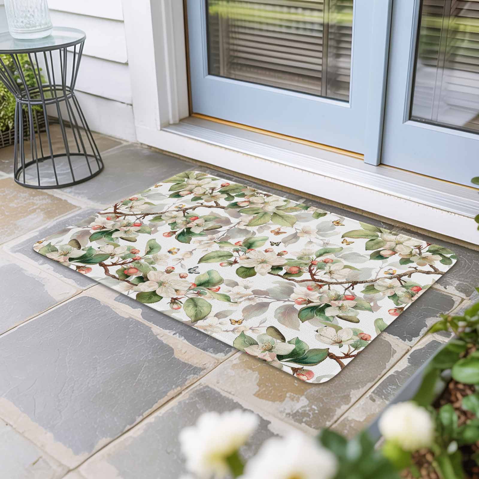 Spring Floral Doormat Outdoor Entrance 24"x36", Green Botanical Flowers Watercolor Absorb Moisture Dirt Door Mats, Non-Slip Rubber Backing Floor Mats Indoor, Low-Profile Front Door Rugs
