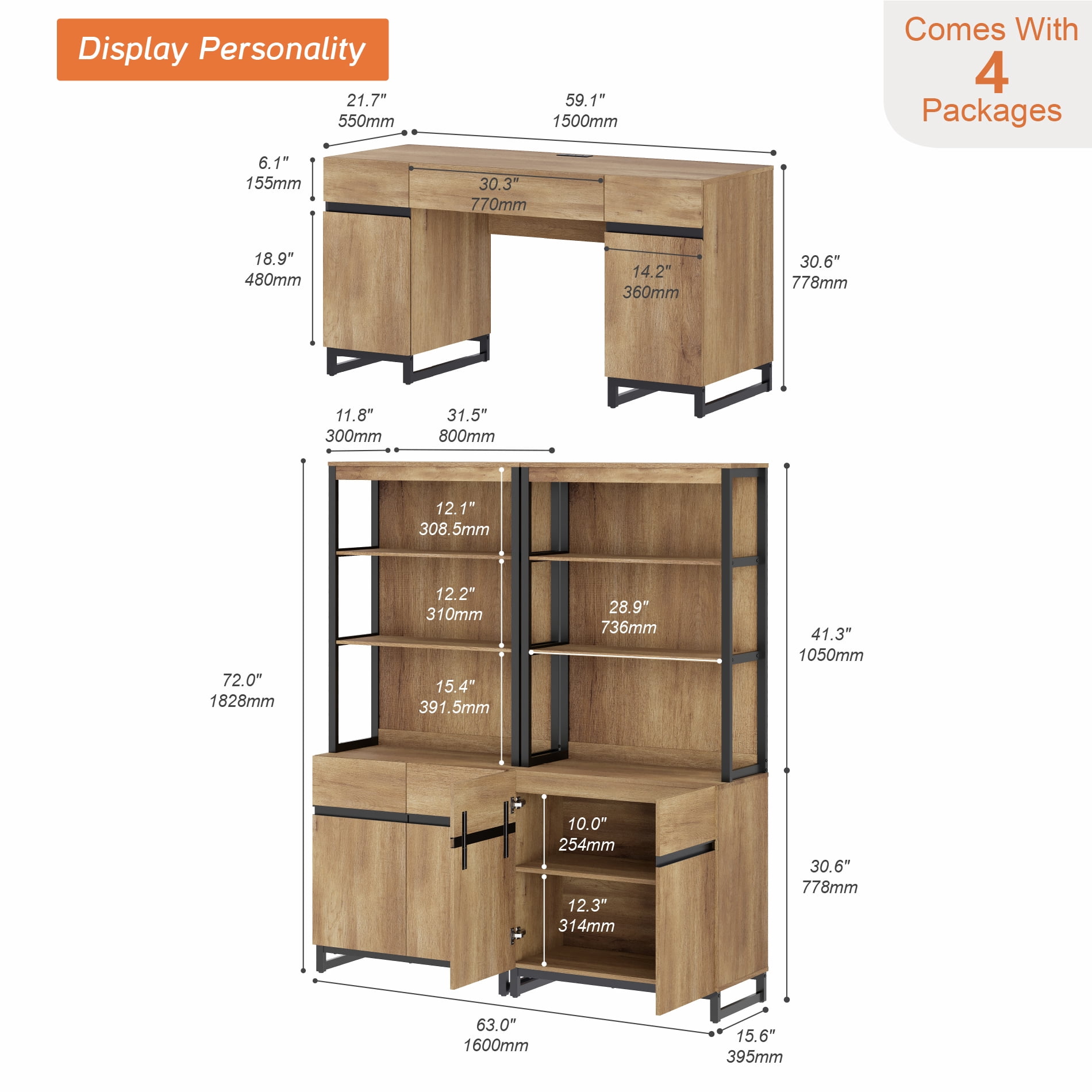WAMPAT Home Office Set: 59" Modern Desk with Charging Station and Storage Cabinet, 72" Tall Bookcases with Adjustable Shelves, Wood Computer Desk and Library Storage Cabinet for Work Study, Oak