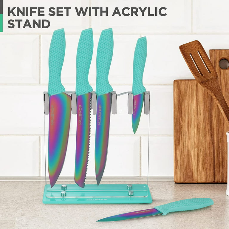 Rainbow Kitchen Knife Set Non Stick Knives Set with Block Thick Blade  Cutlery Knife Block Sets Chef Sharp Quality for Home & Pro Use Best Gift  (Blue
