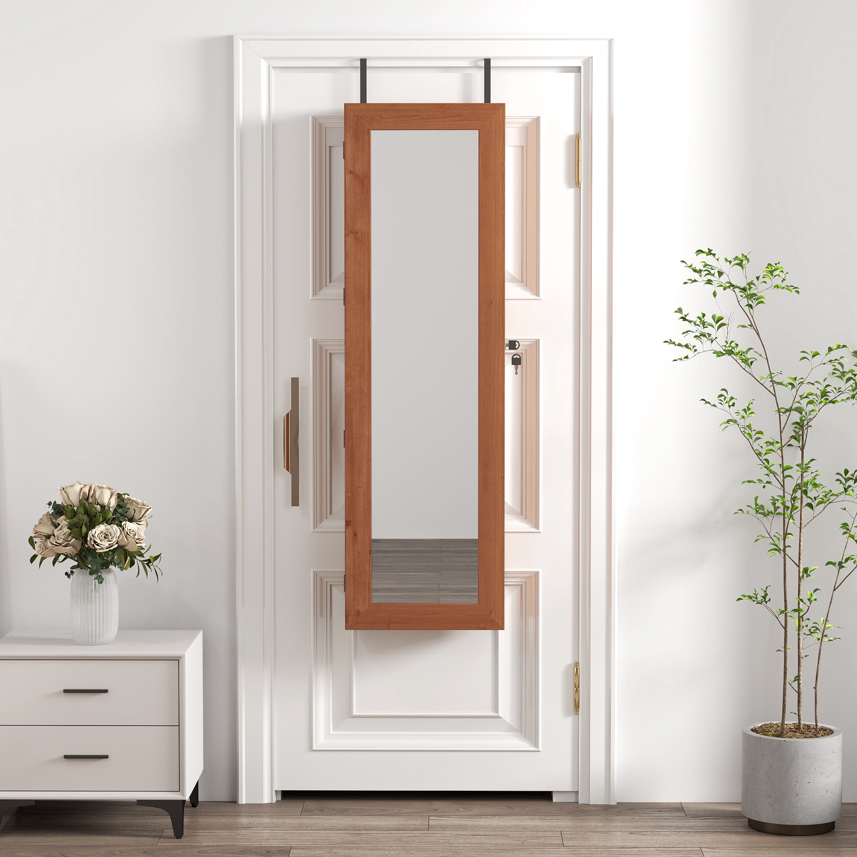 Mintazer Full-Length Mirror Jewelry Cabinet Armoire with LED Lighting & Storage, 2-in-1 Wall/Door Mount Lockable Jewelry Armoire Organizer, Brown