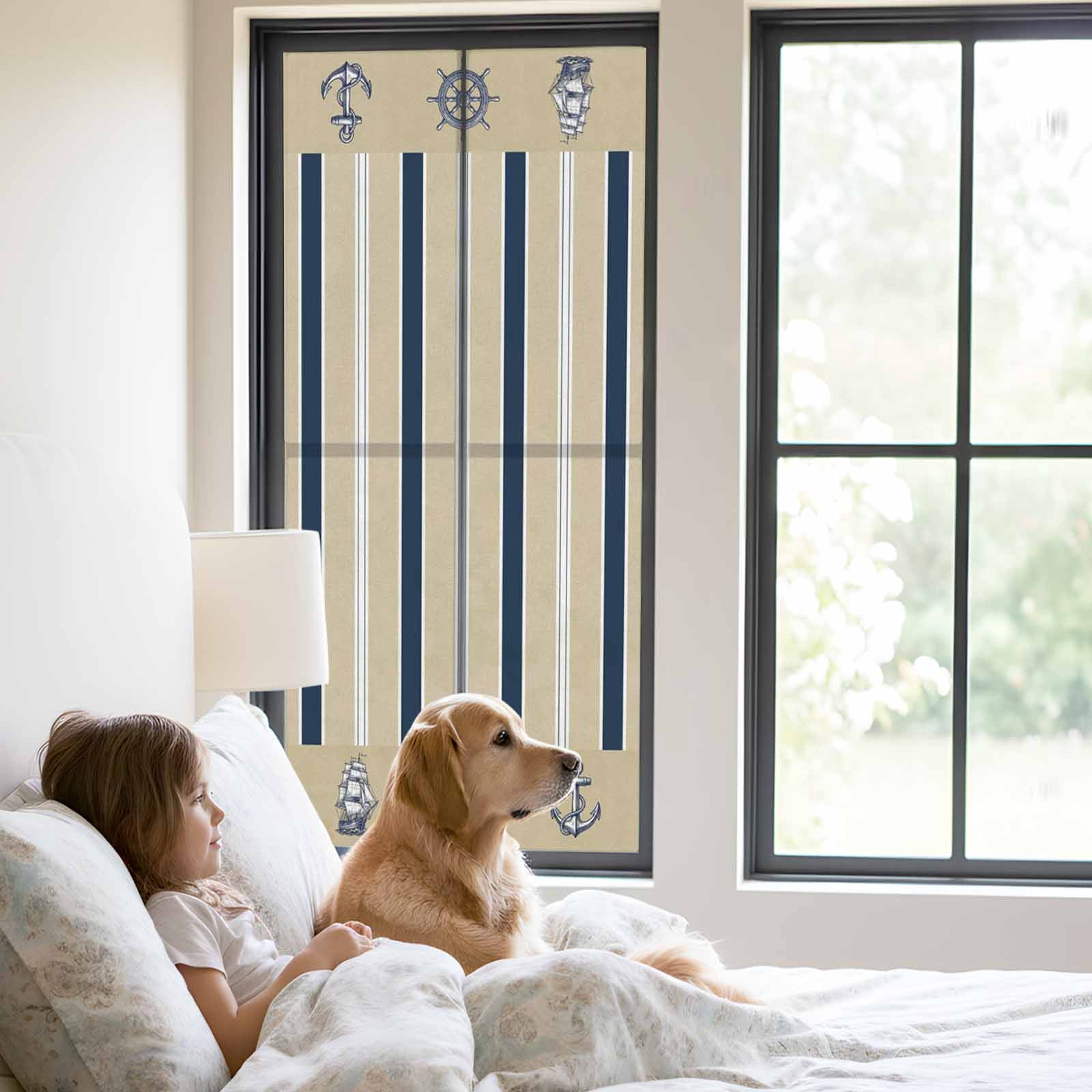 Summer Nautical Window Privacy Film, Ocean Sailboat Rudder Coastal Anchor Stripes Texture Frosted Glass Window Clings Static Cling UV Heat Blocking Reusable Door Sticker for Bathroom 23.6 x 59 Inch