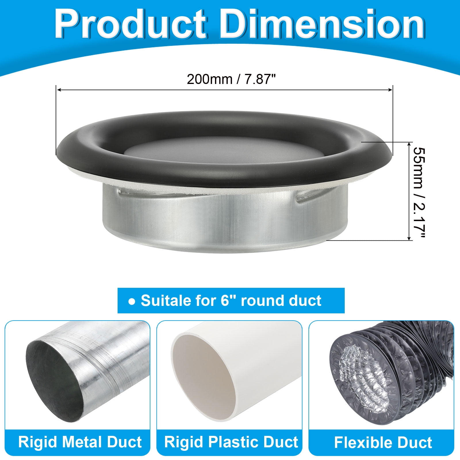 Uxcell Round Ceiling Diffuser, Metal Adjustable Wall Air Vent Diffuser Vent Duct Cover Exhaust Supply 6 Inch Black