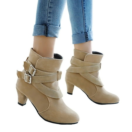 YHGFVOKJ Boots for Women Autumn and Winter Fashion Plush Non Slip Lightweight Memory Foam Block Heel Belt Short Boots Shoes Boot Heels Beige 40