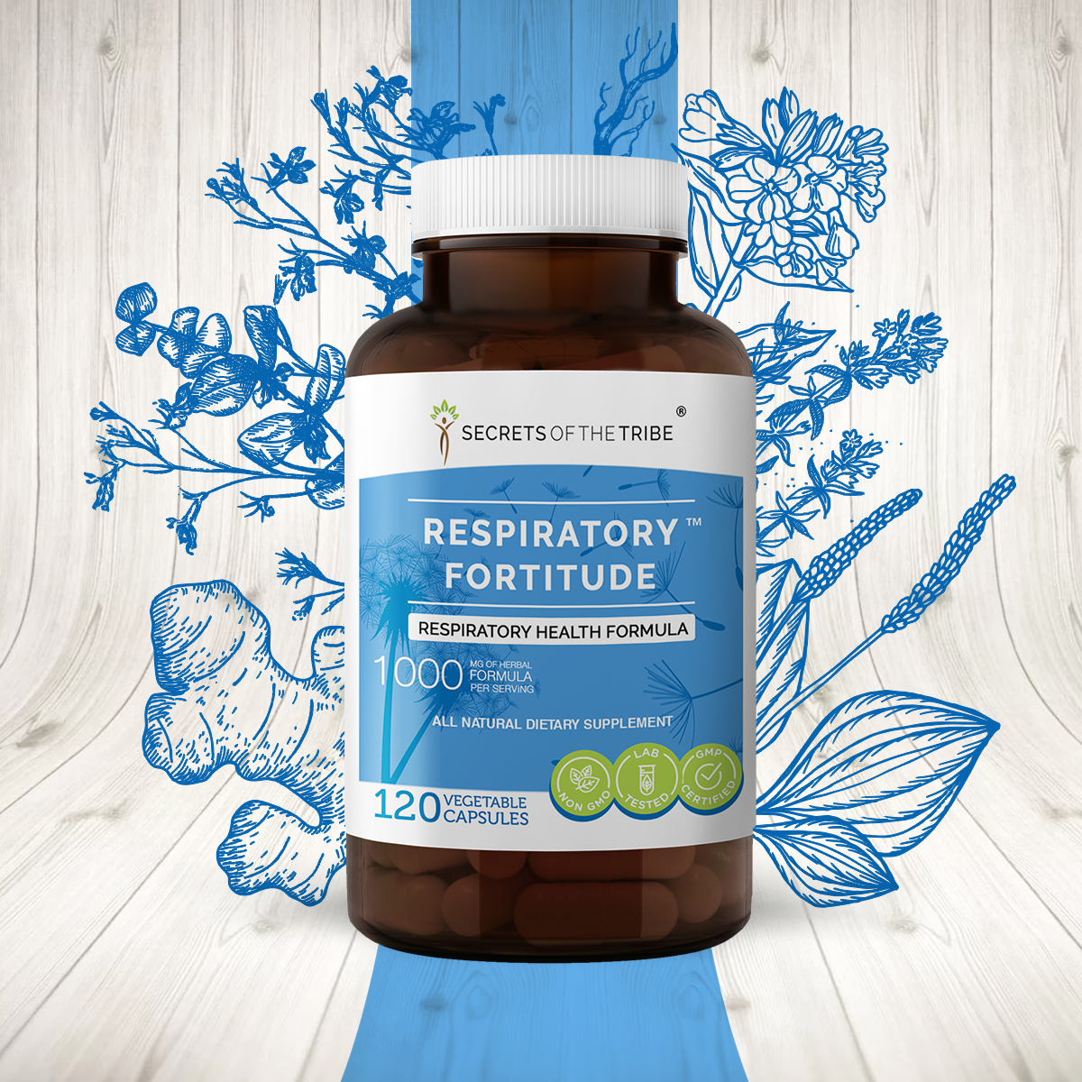 Respiratory Fortitude 120 Capsules, 500 mg, Ginger, Lungwort, Lobelia