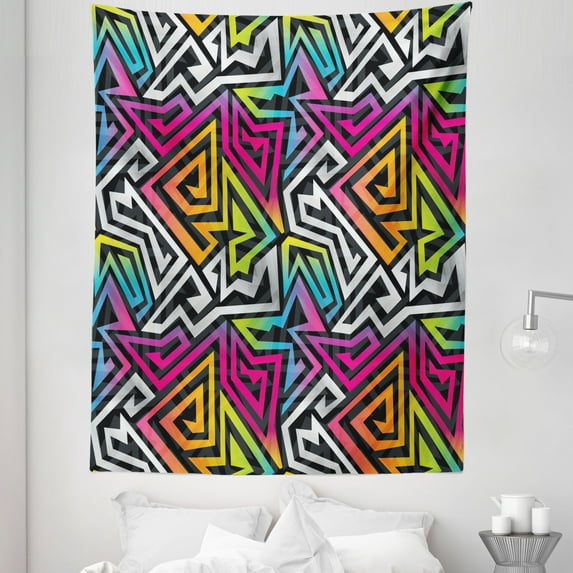 Urban Graffiti Tapestry, Rainbow Colored Labyrinth Bold Lines Shaded Colorful Maze Inspired Pattern, Fabric Wall Hanging Decor for Bedroom Living Room Dorm, 5 Sizes, Multicolor, by Ambesonne