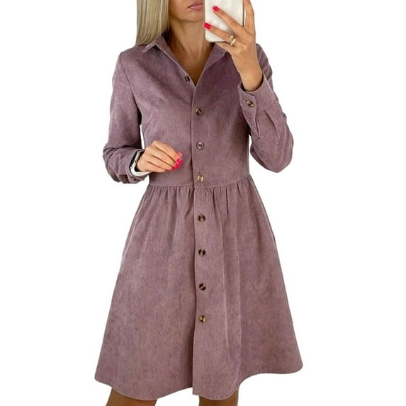 Avamo Womens Turn Down Collar V Neck Button Down Dress Empire Waist Casual Midi Dress Autumn Corduroy Shirt Dress