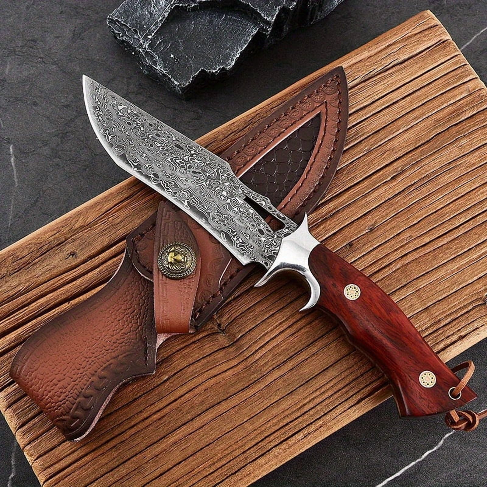 Hunting Knife with Damascus Steel Blade, Full Tang Fixed Blade with Leather Sheath