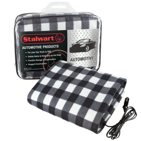 Stalwart Electric Car Blanket Heated 12V Polar Fleece Travel Throw for Truck and RV, Black and White