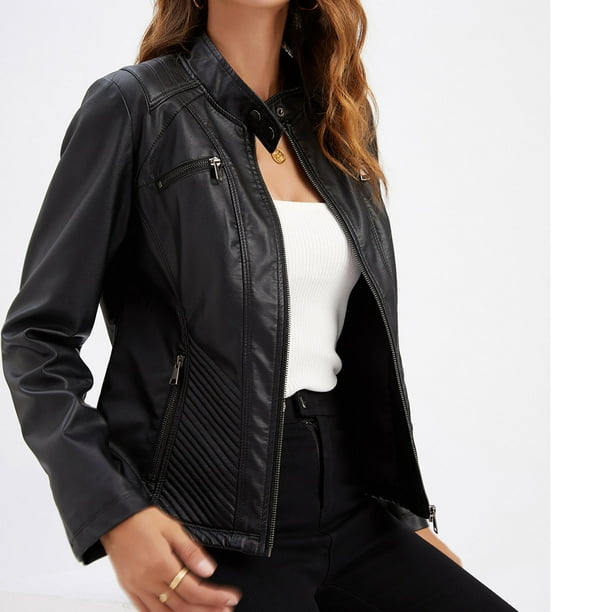 IROINID Women's Short Faux Leather Jacket Stand Collar Solid Color