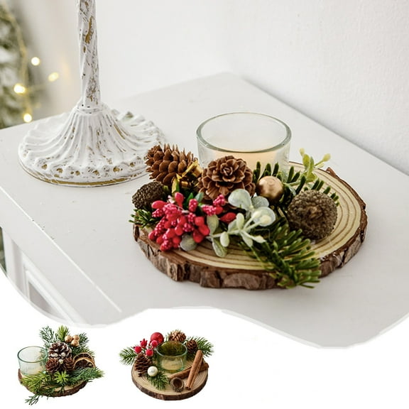 ABPWLY Home Wooden Christmas Candle Holder 13x13cm DIY Decor with Red Berries for Tabletop Mantel Centerpiece Bedroom Decor