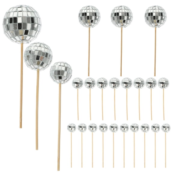 Hemoton 24pcs Shiny Disco Ball Toppers Ball Cake Picks Birthday Cupcake Picks Bling Ball Cake Toppers