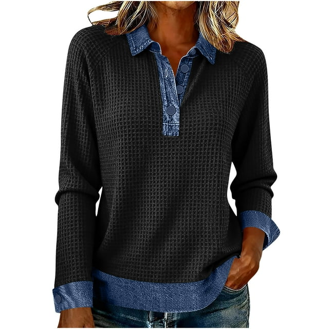 BLVB Womens Denim Lapel Sweatshirts Casual Long Sleeve Button down Knit Pullover Sweaters Fall Fashion Outfits