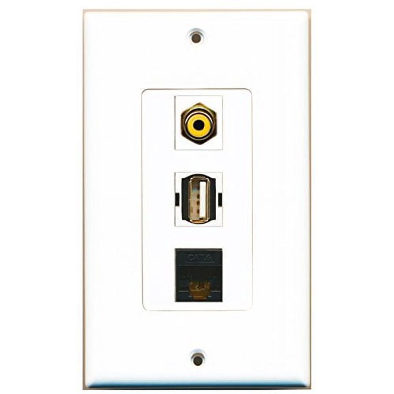 RiteAV - 1 Port RCA Yellow and 1 Port USB A-A and 1 Port Cat6 Ethernet Black Decorative Wall Plate Decorative