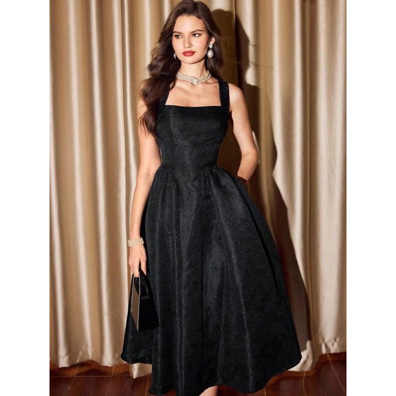 Black Jacquard A-Line Midi Dress With Square Neck And Pockets