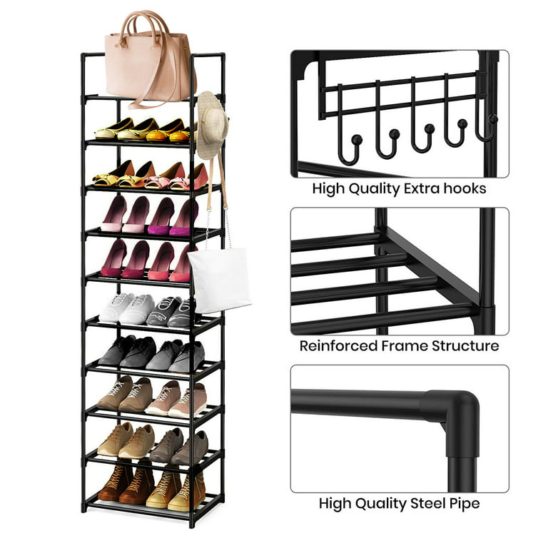 Shoe Rack 10 Tiers Tall Shoe Rack for Entryway, 20 24 Pairs Shoe & Boots Organizer  Storage Shelf ,durable Black Metal Stackable Shoe Cabinet 