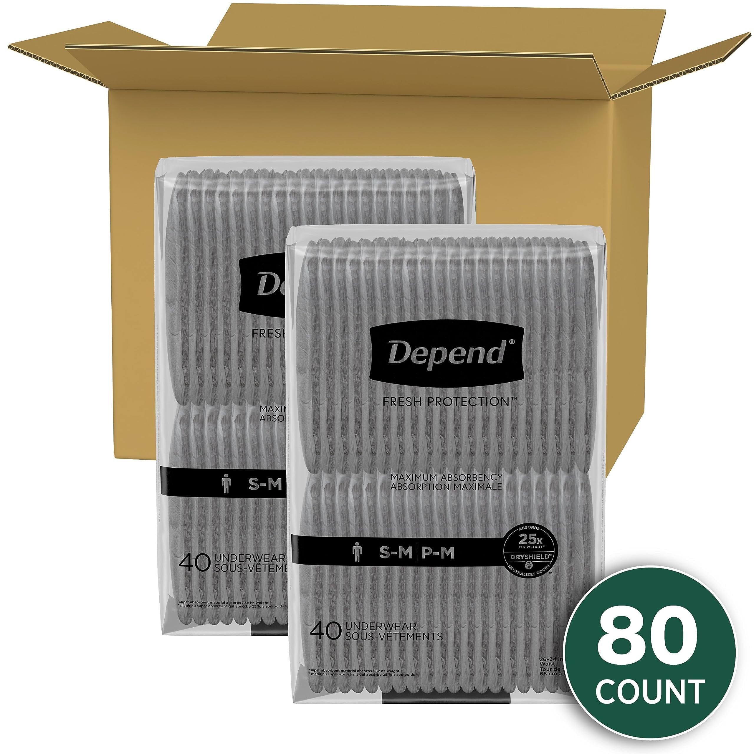 Depend Fresh Protection Adult Incontinence Underwear for Men (Formerly Depend Fit-Flex), Disposable, Maximum, Small/Medium, Grey, 80 Count, Packaging May Vary