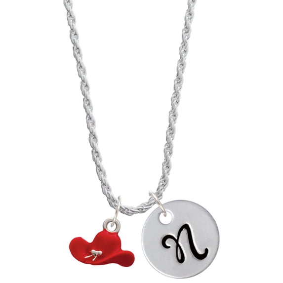Delight Jewelry Silvertone Red Cowboy Hat Silvertone Script Initial Disc - N - Charm Necklace, 20"+3"