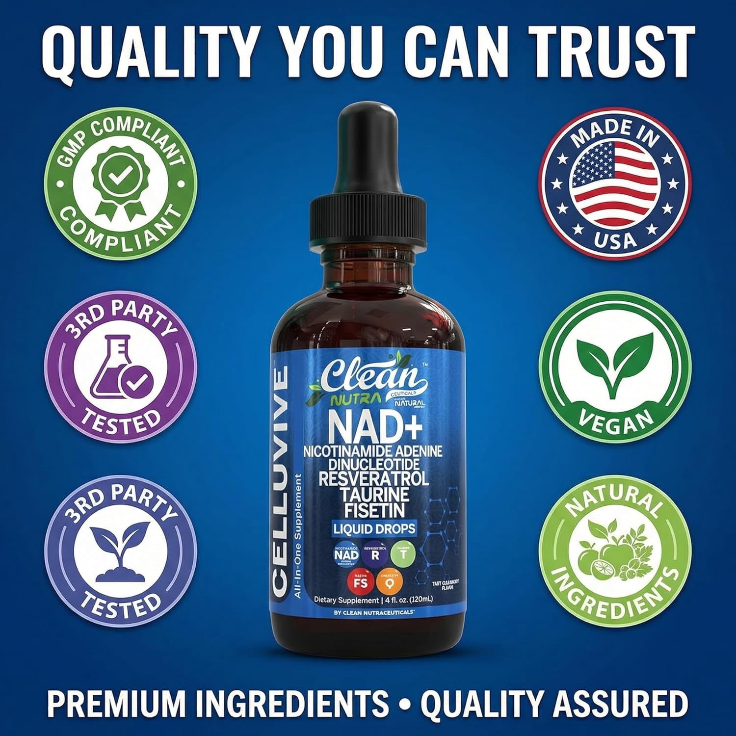 Clean Nutra NAD Liquid Supplement Drops Resveratrol Polyphenols Liposomal Taurine Fisetin Grape Seed Extract Japanese Knotweed Fo Ti Anti Aging NAD+ Nicotinamide Adenine Dinucleotide for Women & Men