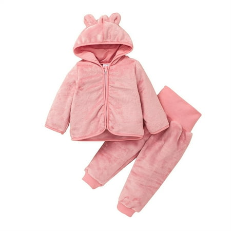 

Baby Summer Dress Suit Infant Baby Girls Boys Solid Hooded Long Sleeve Sweatshirt Fleece Top Coat Pants Clothes Set Winter 2Pcs Outfits Baby Cute Clothing