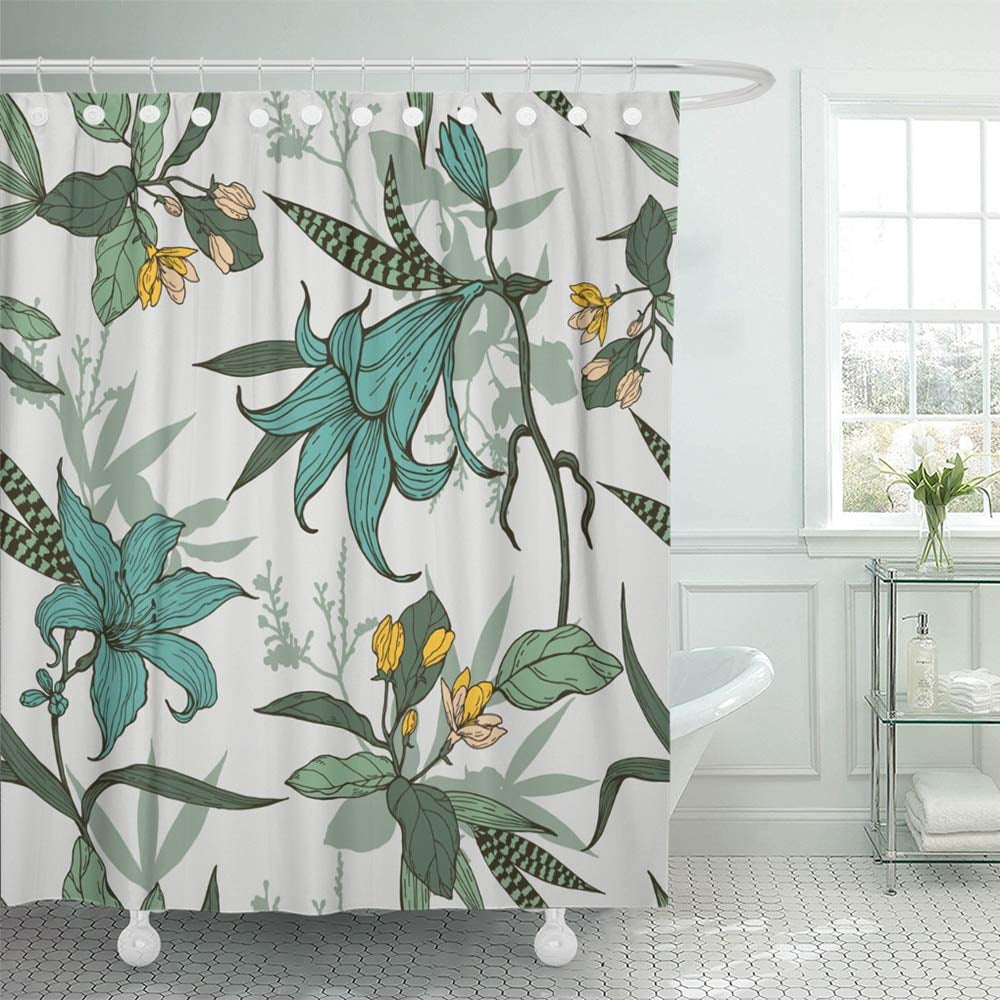PKNMT Green Abstract Blue and Yellow Flowers with Leaves Pattern on